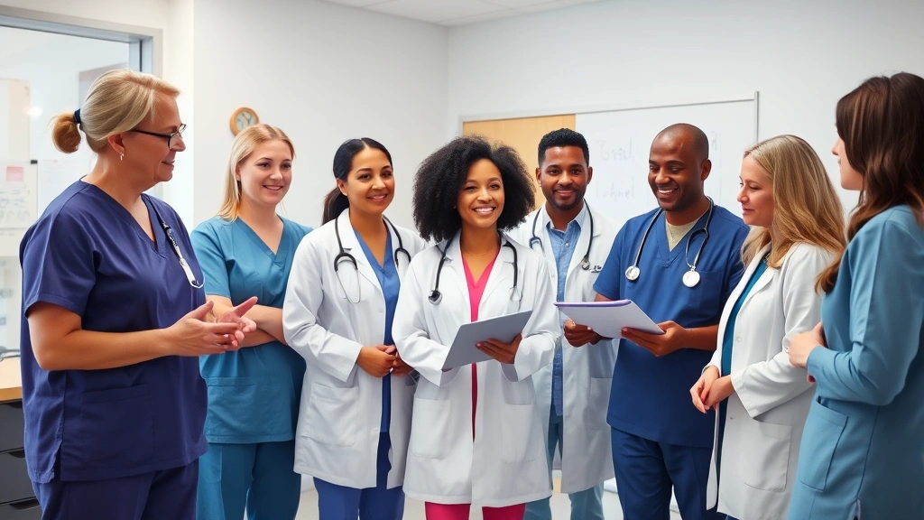 Diverse healthcare team in clinical setting collaborating around patient care, nurses and doctors working together, inclusive medical workplace with various professionals engaged in discussion