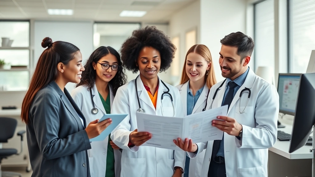 Diverse medical professionals in clinical setting reviewing patient charts together, collaborative atmosphere, modern healthcare workspace with technology, natural daylight