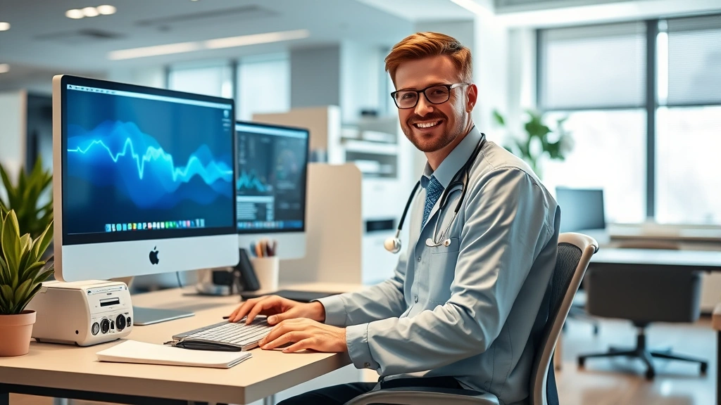 Healthcare professional in modern office workspace with computer and medical technology, comfortable contemporary workplace environment, professional healthcare administrative setting with modern furnishings