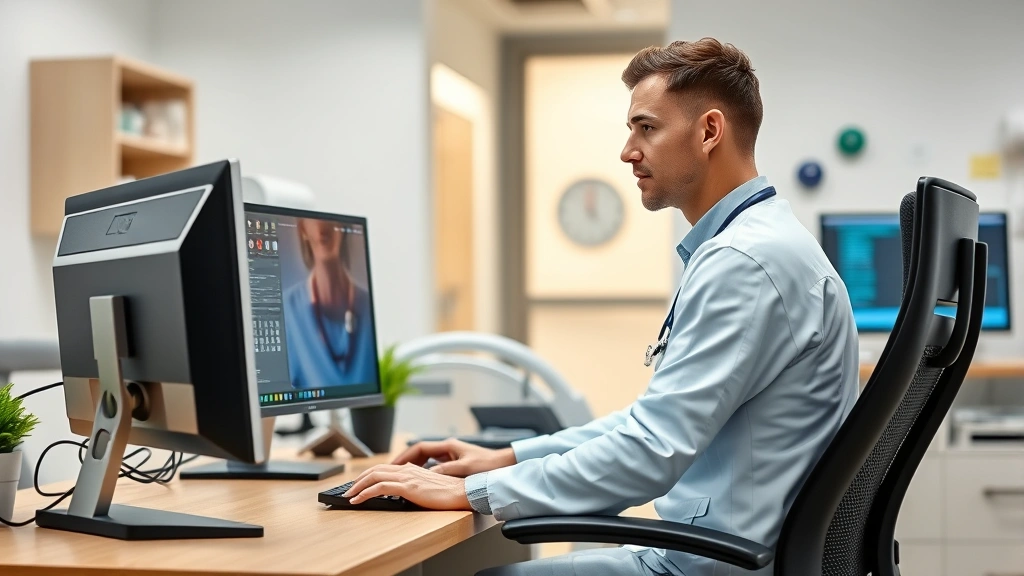 Healthcare worker at computer workstation in medical office, focused on administrative tasks, ergonomic modern workspace, healthcare technology visible, professional environment