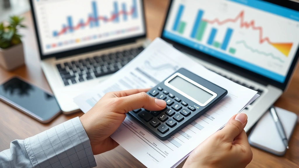 Close-up of hands holding health insurance documents and calculator with laptop showing medical charts in background, professional desk setting