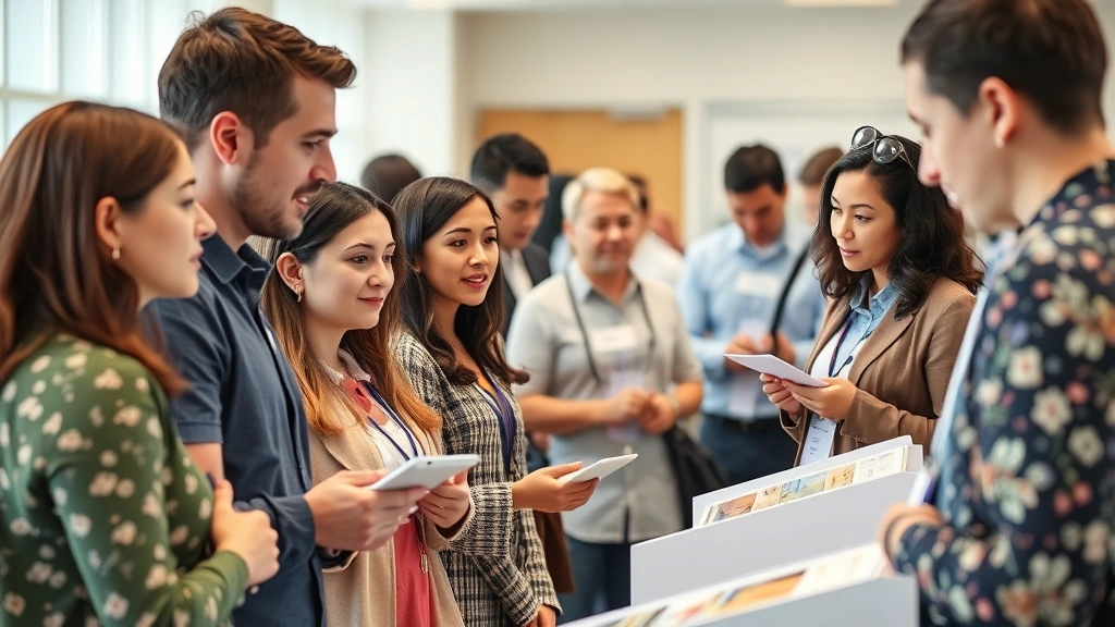 Diverse group of people at wellness seminar or health fair, examining information displays, engaged expressions, bright healthcare facility environment