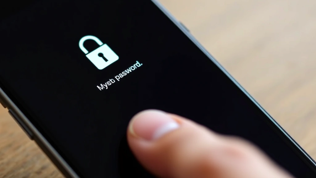 Close-up of smartphone showing secure login screen with lock icon, finger entering password, modern minimalist interface design