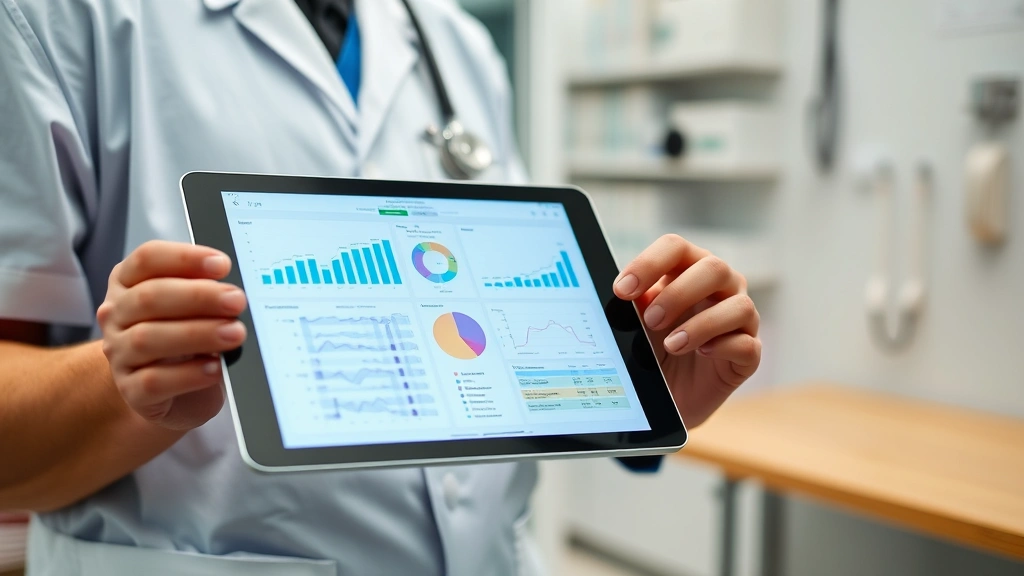 Healthcare professional reviewing patient medical records on tablet in clinical setting, organized data charts visible on screen