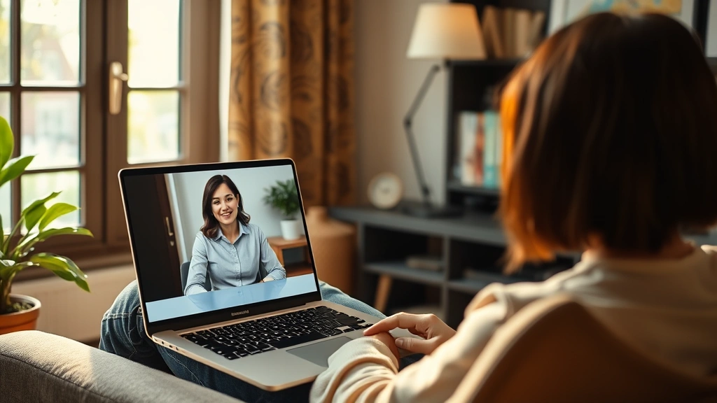 A person sitting comfortably at home on a video call with a therapist visible on a laptop screen, warm natural lighting streaming through a window, peaceful and professional setting