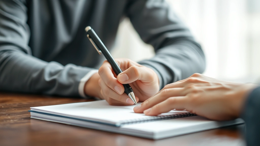 Close-up of someone taking notes during a therapy session, pen in hand over a notebook, soft focus background, calm and reflective atmosphere