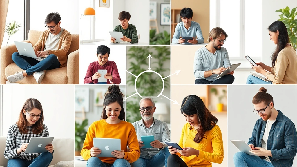 A diverse group of people in various locations using digital devices for mental health sessions, showing connection and accessibility across different environments