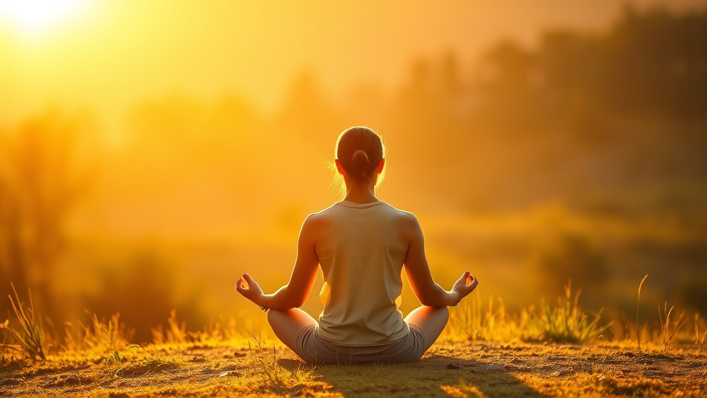 Person meditating peacefully in golden sunset light with soft shadows dancing around serene natural landscape no text no words no letters