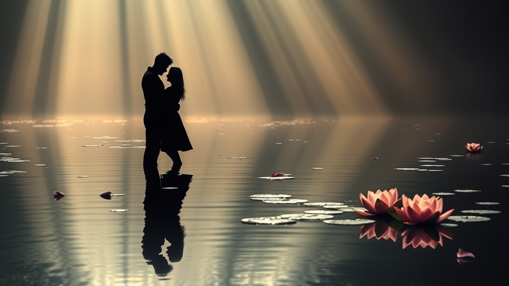 Silhouette of figure embracing their reflection in calm water surrounded by ethereal light beams and floating lotus petals no text no words no letters
