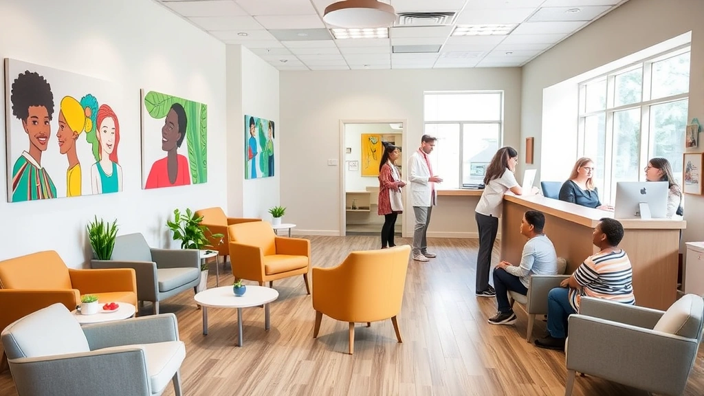 Community health clinic waiting room with comfortable seating, welcoming multicultural artwork on walls, bright windows, medical staff greeting patients at reception desk
