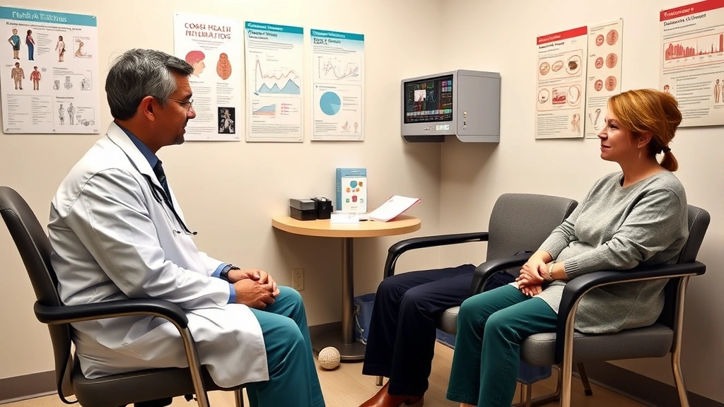 Patient consultation room showing doctor and patient in discussion, patient sitting comfortably, health education posters visible on walls, warm professional atmosphere