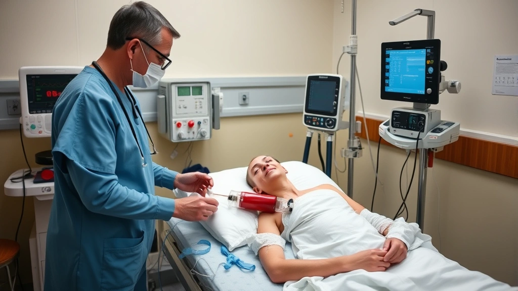 Patient receiving blood transfusion in hospital setting with healthcare provider monitoring, calm medical environment with equipment visible