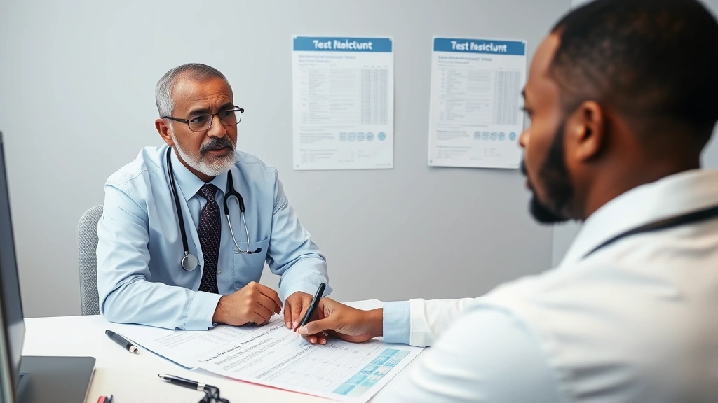 Doctor reviewing medical charts and test results at desk with sickle cell disease patient sitting across, professional healthcare consultation