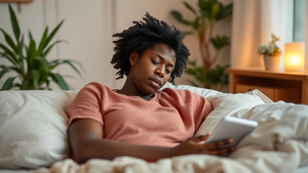 Person with sickle cell disease resting at home, managing pain with comfort measures, peaceful indoor setting with warm lighting