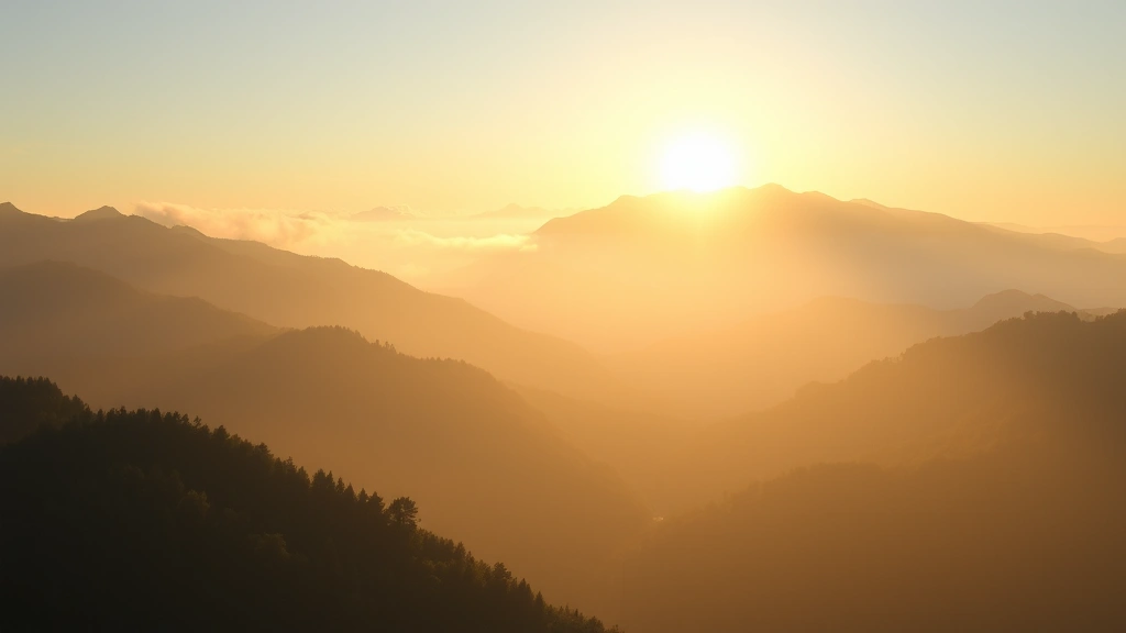 Serene mountain landscape at sunrise with misty peaks, golden morning light filtering through valleys, peaceful natural setting without text or people