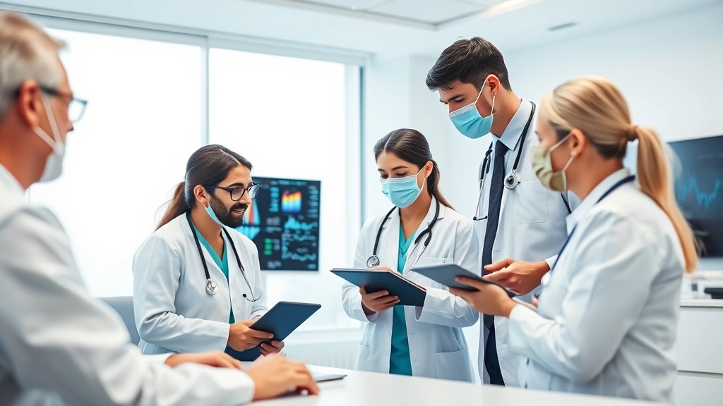 Professional healthcare team in modern clinic setting reviewing patient data on digital screens, collaborative medical environment with technology integration, no visible text