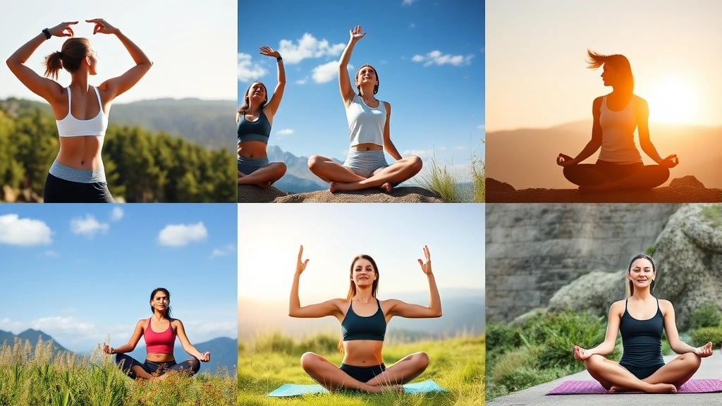 Active lifestyle montage showing diverse people exercising outdoors, practicing yoga, and meditating in natural settings, wellness and vitality theme, no text or numbers