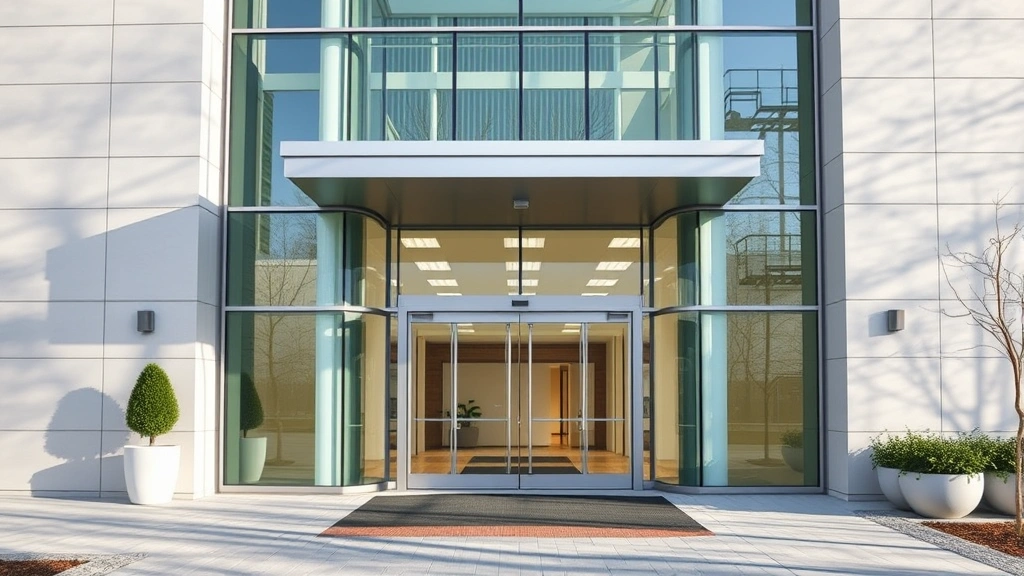 Modern hospital entrance with glass doors and clean architectural design, natural lighting, welcoming healthcare facility exterior