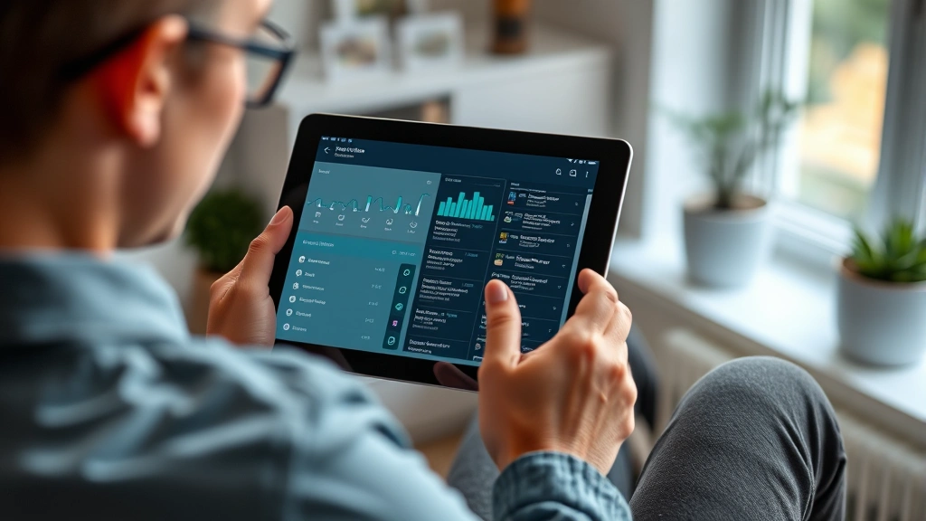 A person using a tablet at home to access their digital health records with a peaceful, modern home office setting in soft natural lighting