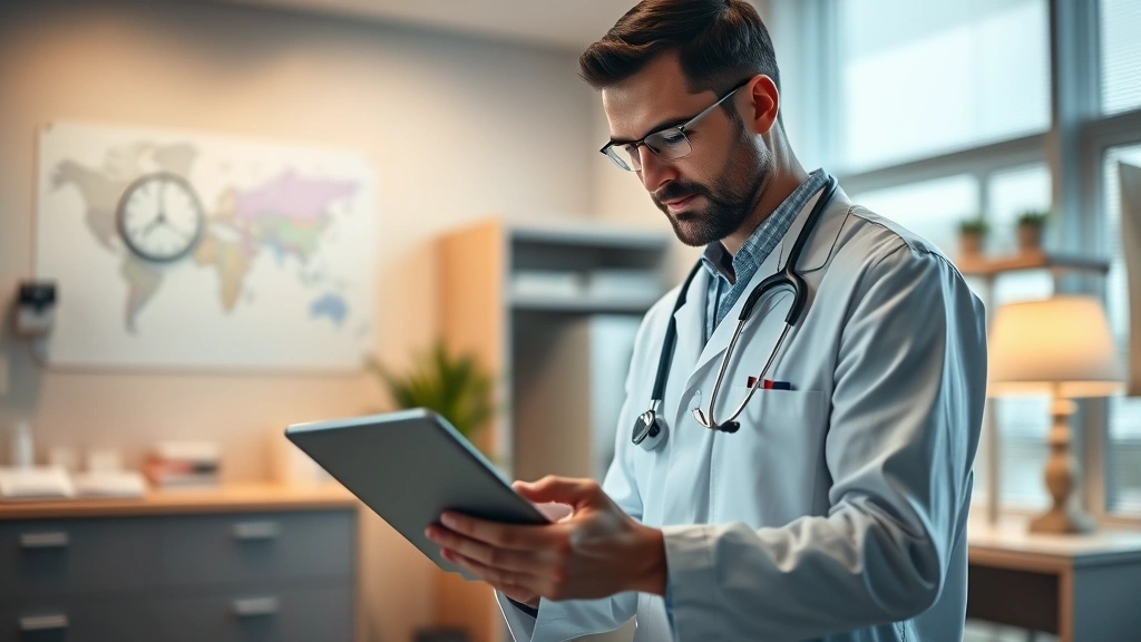 Modern healthcare professional reviewing digital health records on tablet in clinical office setting with soft warm lighting