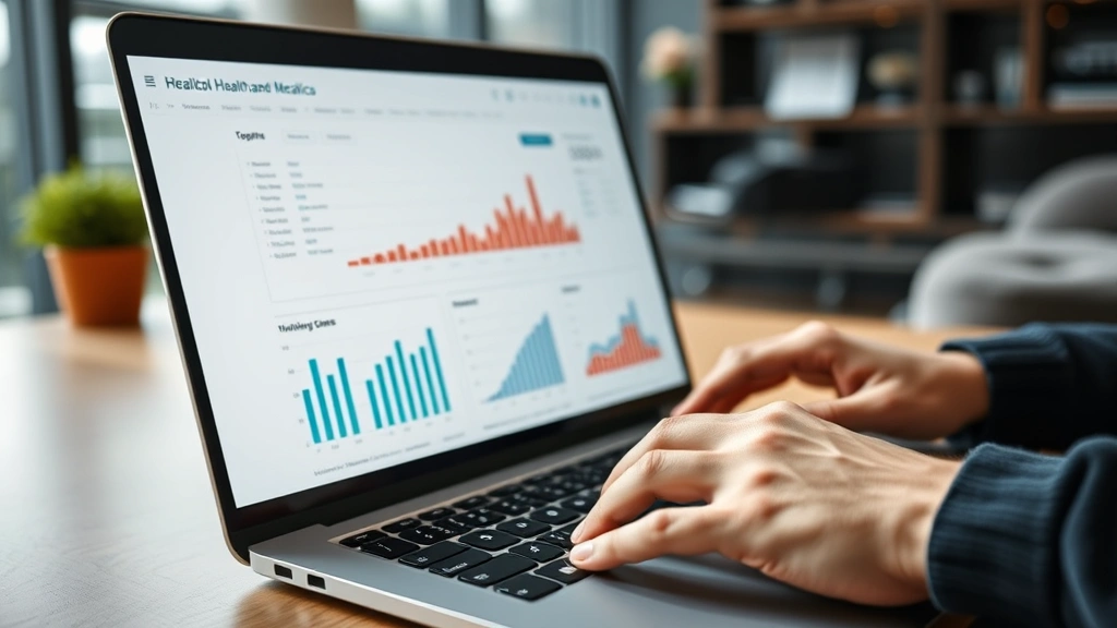 Close-up of hands typing on laptop keyboard with healthcare data visualization on screen in contemporary workspace