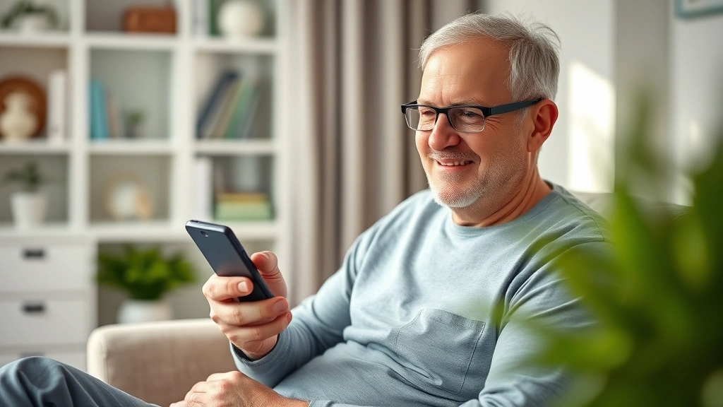 Patient sitting at home using smartphone to access health information with calm, confident expression and natural daylight