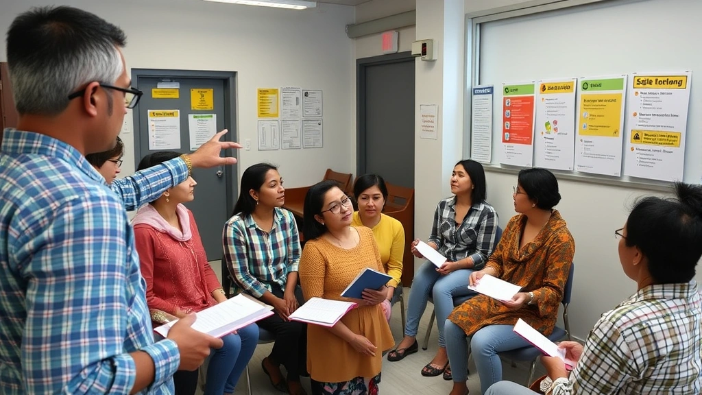 Multilingual health and safety training session in community center with diverse participants, instructor pointing to safety signage, engaged learners taking notes