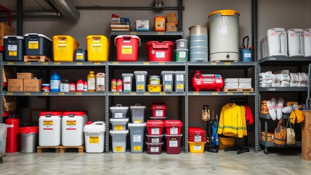 Organized safety equipment storage area with clearly labeled hazard containers, emergency supplies, and protective gear arranged on industrial shelving