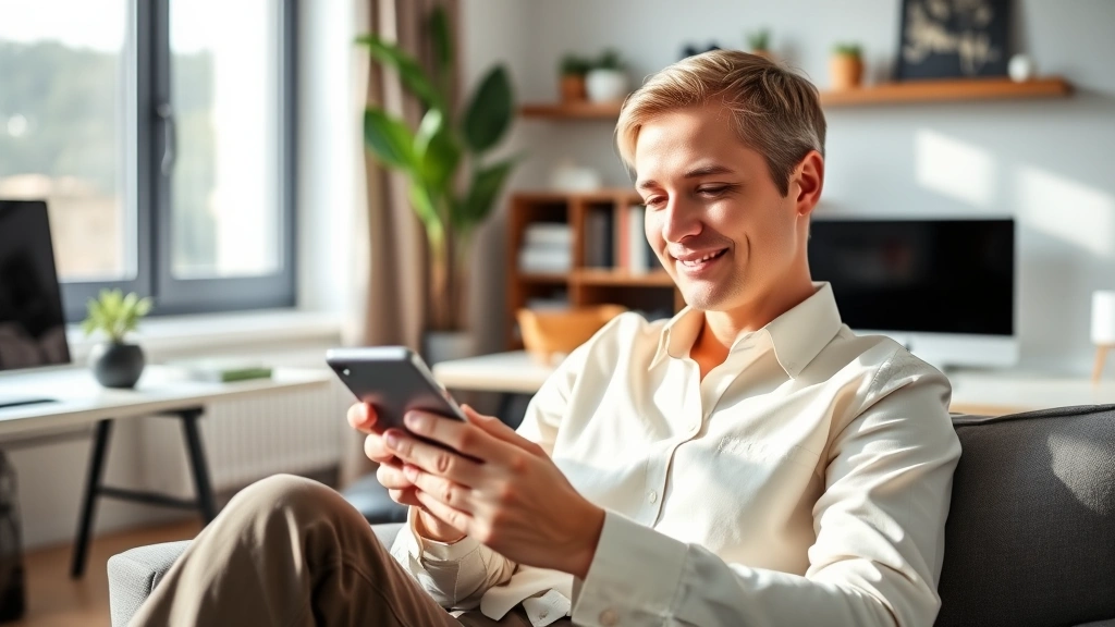 Person using smartphone to access digital health portal, sitting in modern home office with natural lighting, relaxed professional appearance