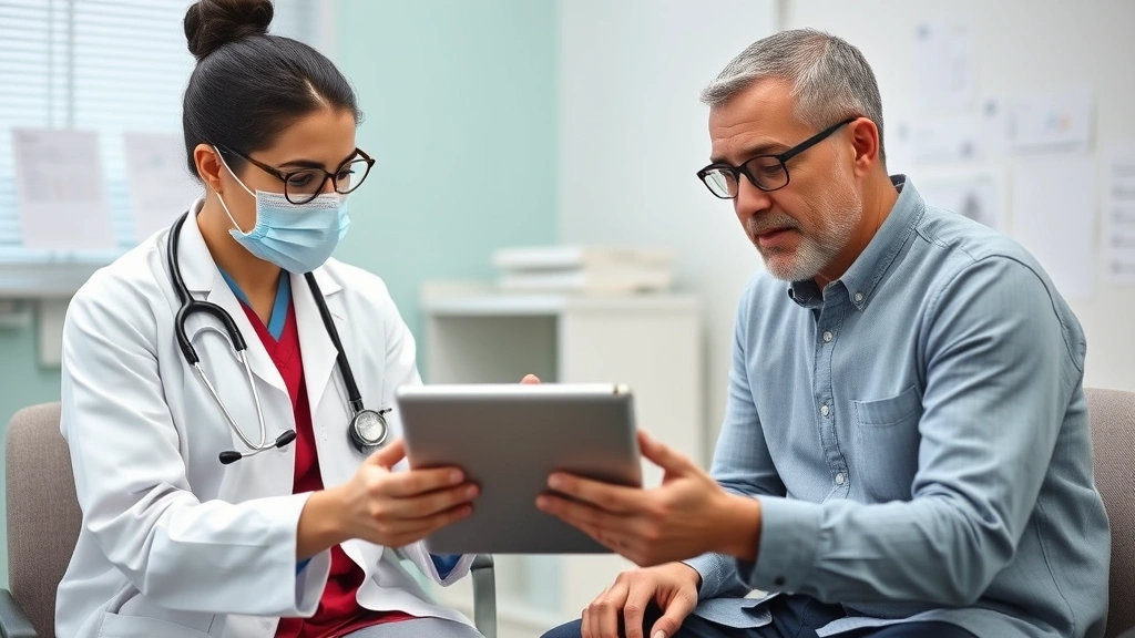Healthcare provider and patient reviewing medical records together on tablet computer in clean clinical setting, focused consultation