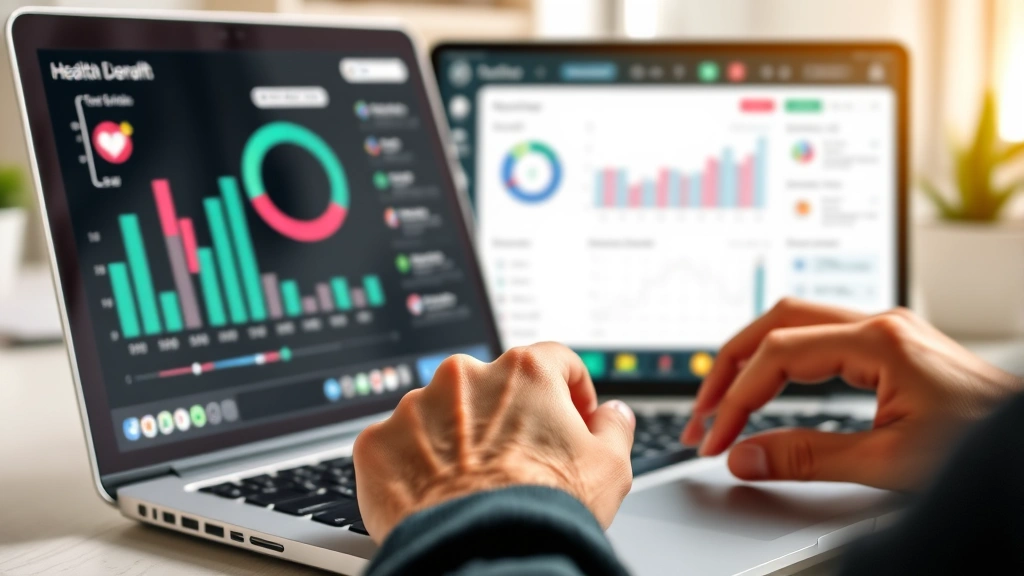 Close-up of hands typing on laptop keyboard showing medical dashboard interface on screen, organized workspace with health documents