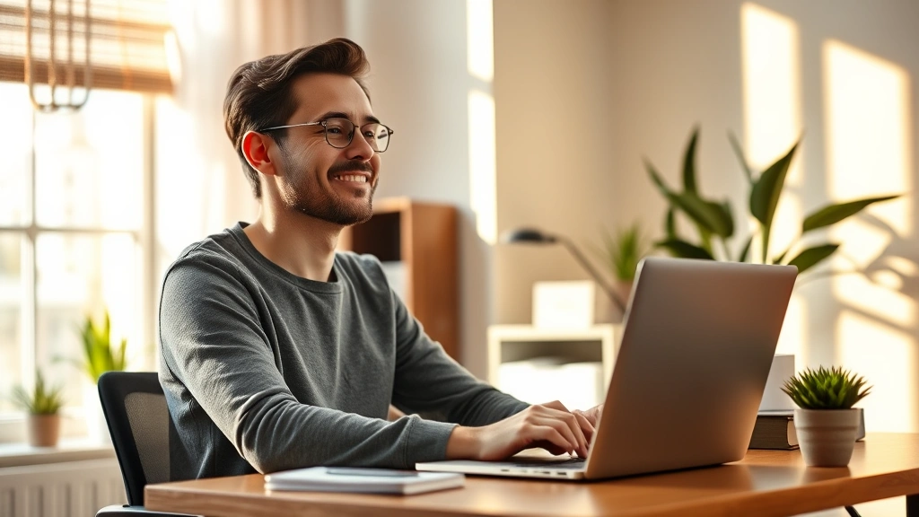 Person sitting at desk with laptop, relaxed expression, warm natural lighting from window, modern home office setup with plants and calm decor