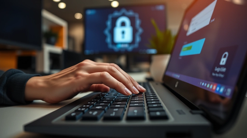 Close-up of hands typing on keyboard, secure login screen glow on face, professional office environment, focused concentration, clean modern workspace