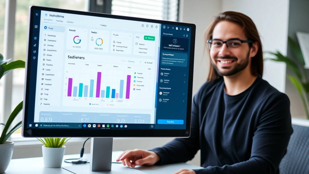 Dashboard interface displayed on computer monitor showing wellness tracking and appointment calendar, person in background looking satisfied, bright organized digital interface