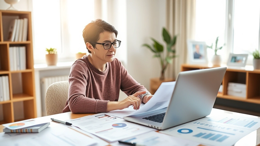 Person sitting at a laptop reviewing health insurance documents, surrounded by papers and charts, natural morning light from window, focused expression, modern home office setup