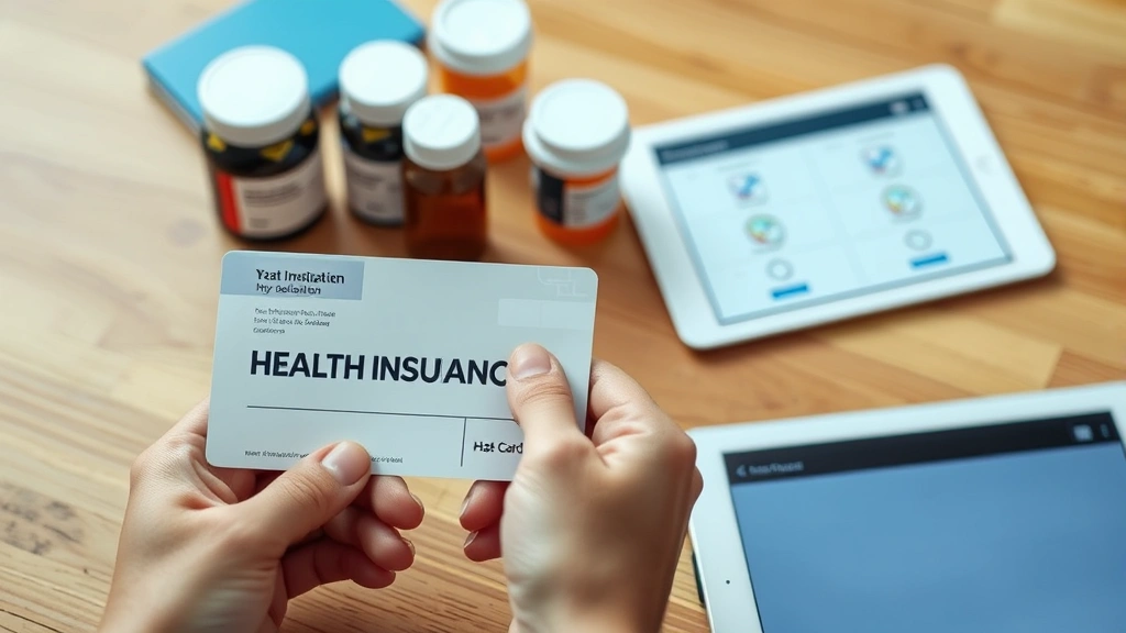 Close-up of hands holding a health insurance card and prescription bottles on a wooden desk, with a tablet displaying healthcare information nearby