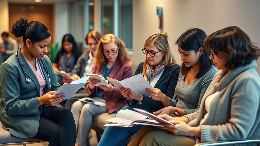Diverse group of people in a healthcare setting waiting room, reading pamphlets and forms, warm lighting, calm and professional environment
