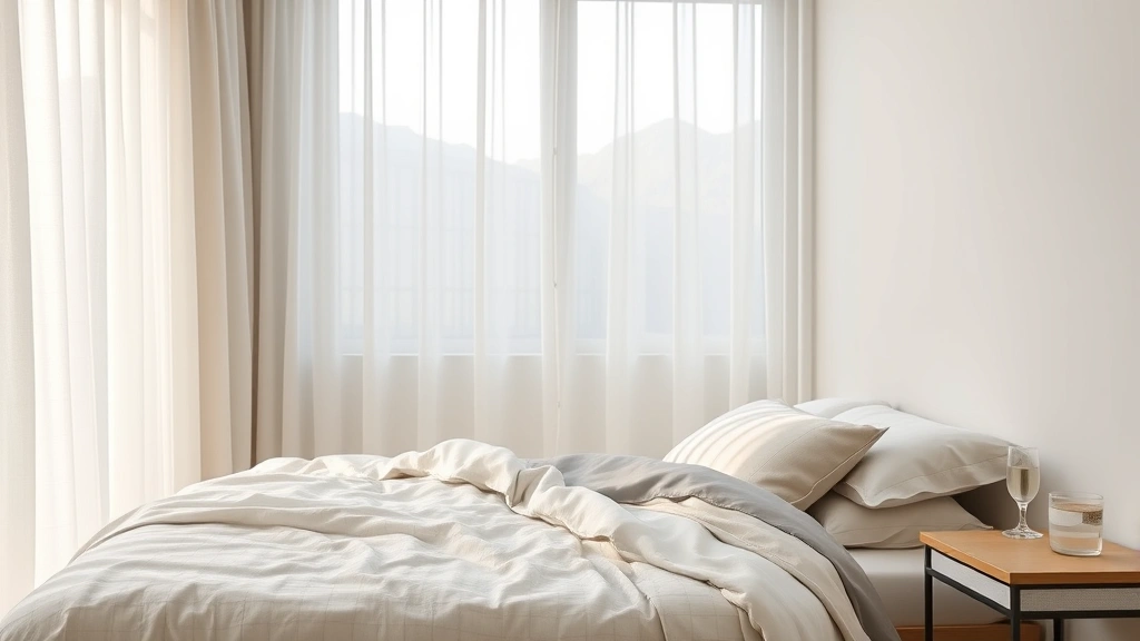 Serene bedroom with soft natural light filtering through sheer curtains, comfortable bed with layered bedding, minimal nightstand with water glass, cool color palette emphasizing peaceful sleep environment