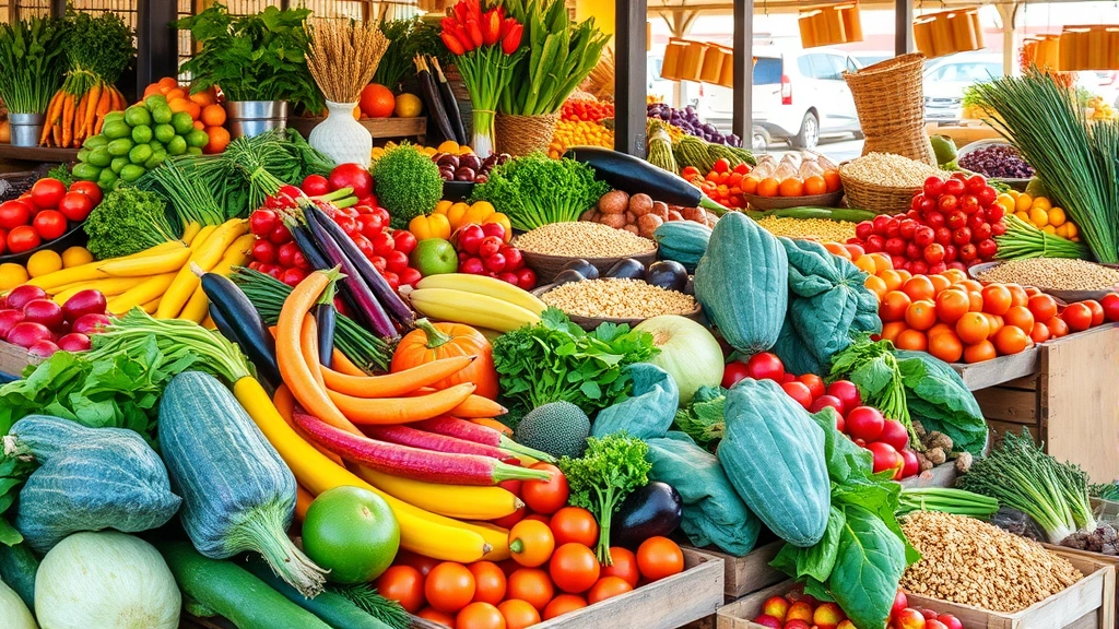 Vibrant farmer's market scene with colorful fresh vegetables, fruits, and whole grains displayed in wooden crates, natural sunlight, no people visible, emphasizing nutritional abundance