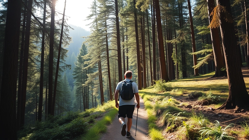 Person hiking on scenic woodland trail surrounded by tall trees, dappled sunlight, natural landscape, conveying peaceful movement and outdoor wellness without showing faces