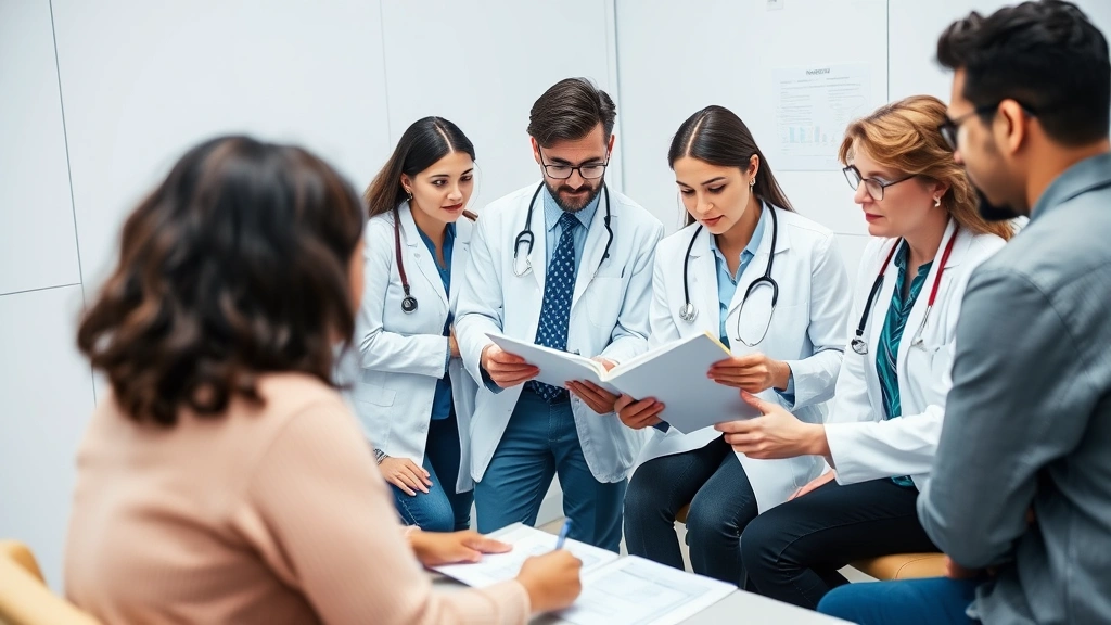 Diverse group of mental health professionals collaborating in clinical setting during team meeting. Therapists, psychiatrists, and counselors reviewing patient notes together.