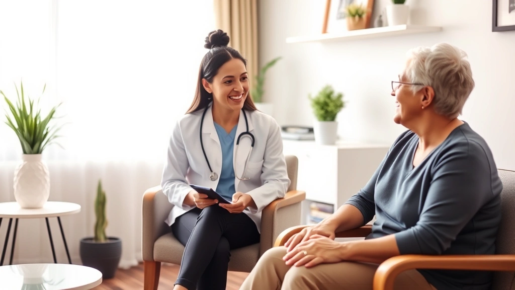 Individual therapy session showing compassionate clinician and patient in comfortable office setting. Warm, supportive environment with natural lighting and professional decor.