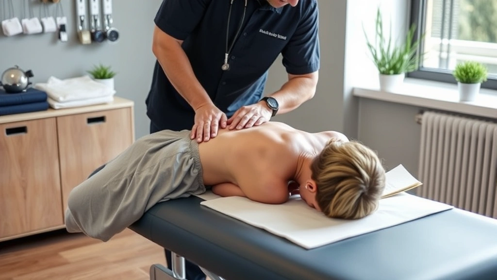Professional chiropractor performing spinal adjustment on patient lying face down on treatment table, modern medical clinic setting, natural lighting