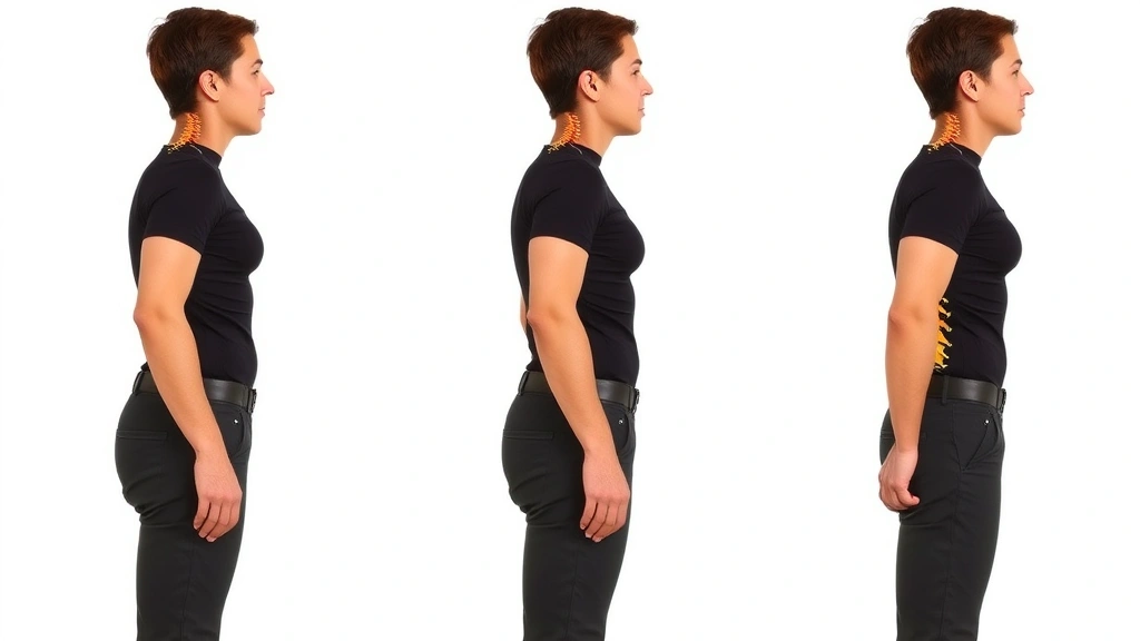 Person demonstrating perfect posture standing upright against white background, side profile showing aligned spine, shoulders back, neutral pelvis position