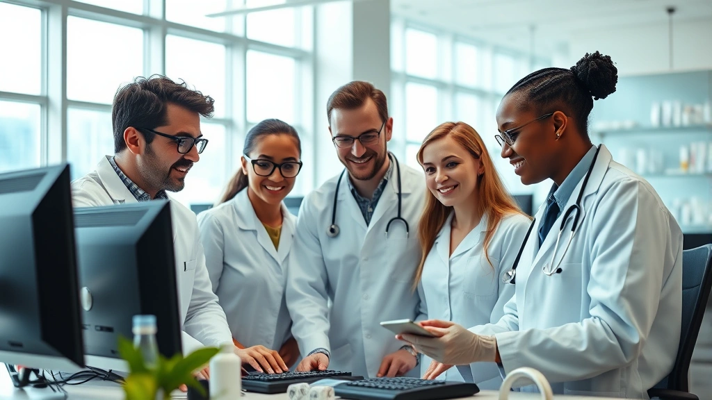 Diverse healthcare professionals collaborating in a modern pharmaceutical laboratory setting, examining data on computer screens, natural lighting through large windows, professional attire, focused expressions of engagement