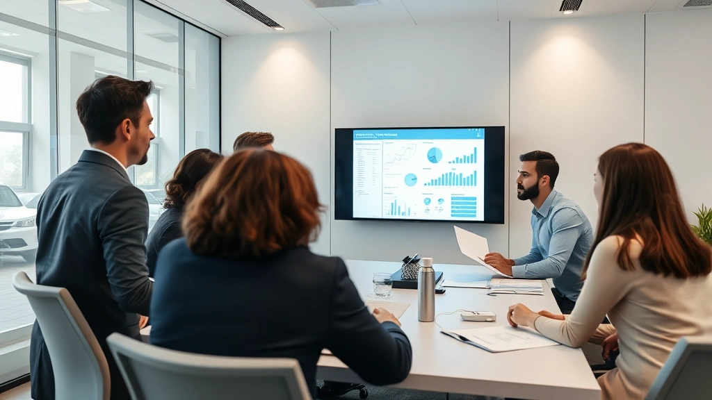Professional team in a conference room conducting a clinical research meeting, reviewing documents and charts on a large screen, diverse group including men and women, modern office environment, collaborative atmosphere