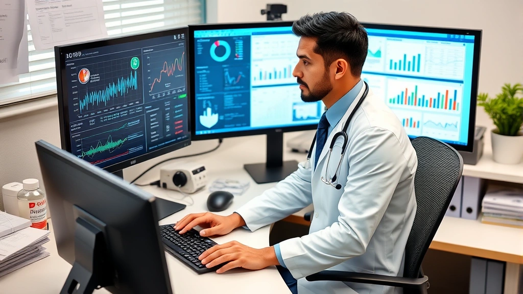 Individual healthcare professional working at a desk with multiple monitors displaying healthcare analytics and pharmaceutical data, organized workspace with medical reference materials, concentrated professional expression