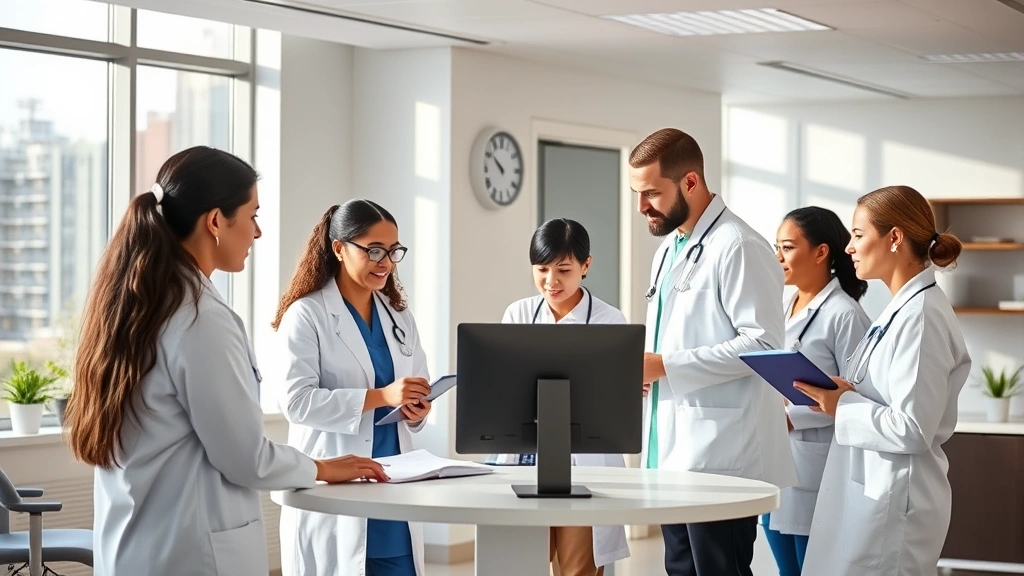 Modern medical clinic interior with diverse healthcare professionals collaborating around a digital workstation, bright natural lighting, clean professional environment
