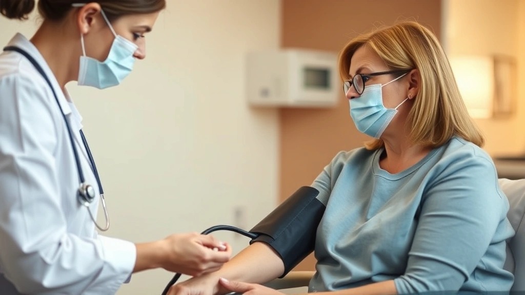 Patient receiving preventive health screening with nurse taking blood pressure, calm clinical setting, warm lighting, focus on patient comfort and care