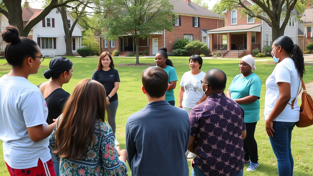 Community health workers conducting outdoor wellness education session with diverse group of residents in neighborhood park setting, inclusive and welcoming atmosphere